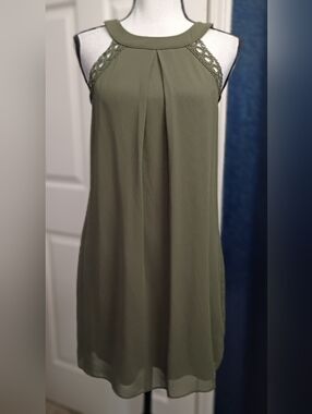Iz Byer Olive Halter Mini Dress with Lace Insets